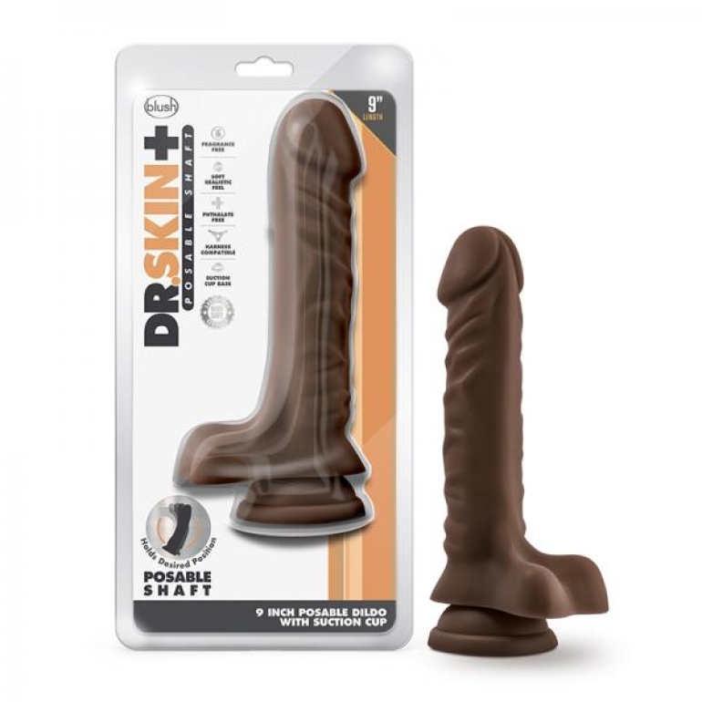 Dr Skin Plus 9in Posable Dildo W/ Balls Chocolate Brown