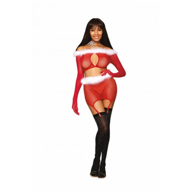 Santa Baby Seamless Fishnet 2pc Garter Set Ruby O/s One Size Fits Most