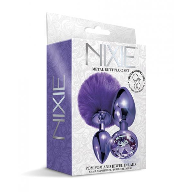 Nixie Metal Butt Plug Set Pom Pom & Jewel Purple Metallic