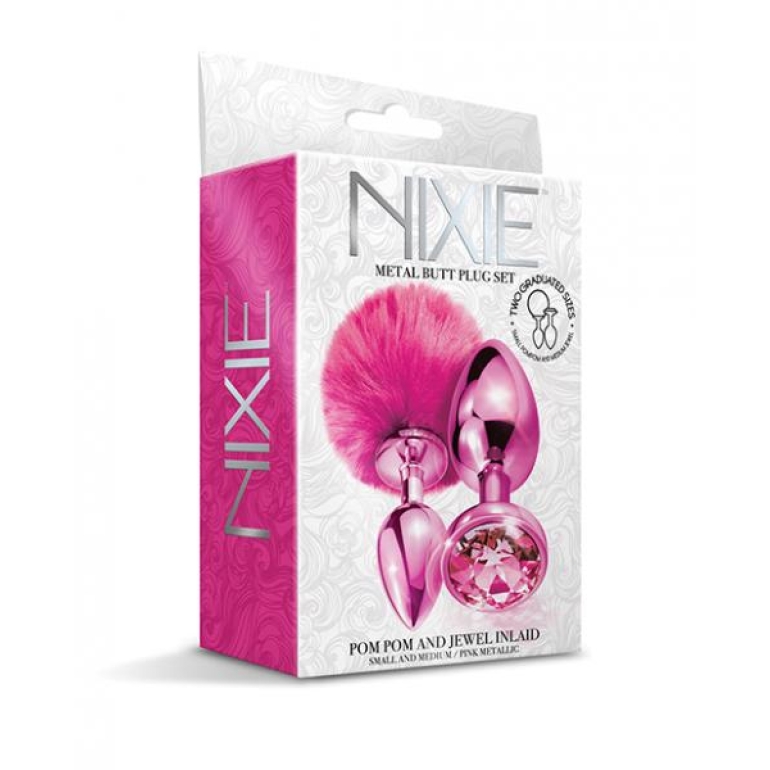 Nixie Metal Butt Plug Set Pom Pom & Jewel Pink Metallic