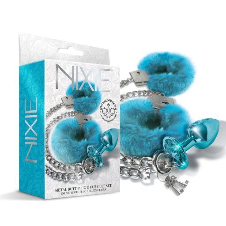 Nixie Metal Plug & Furry Cuff Set Blue Metallic