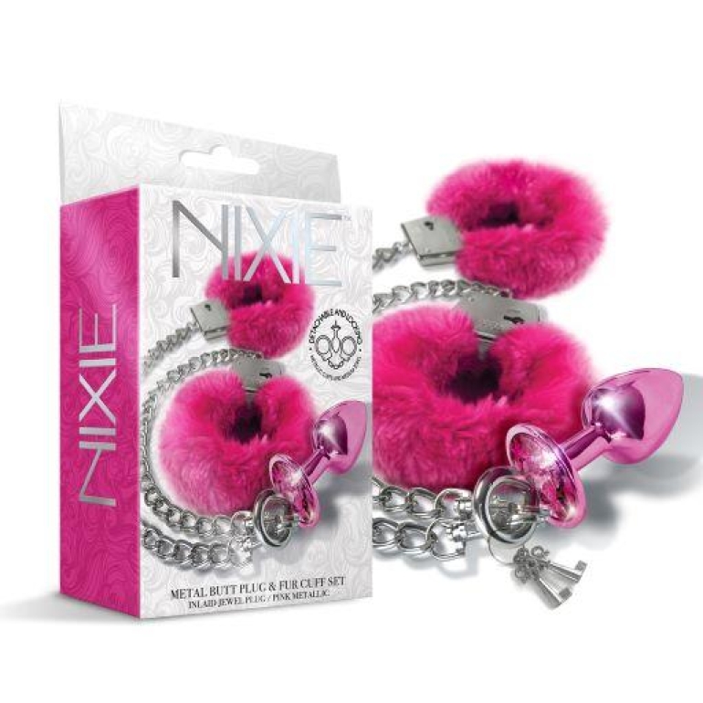 Nixie Metal Plug & Furry Cuff Set Pink Metallic