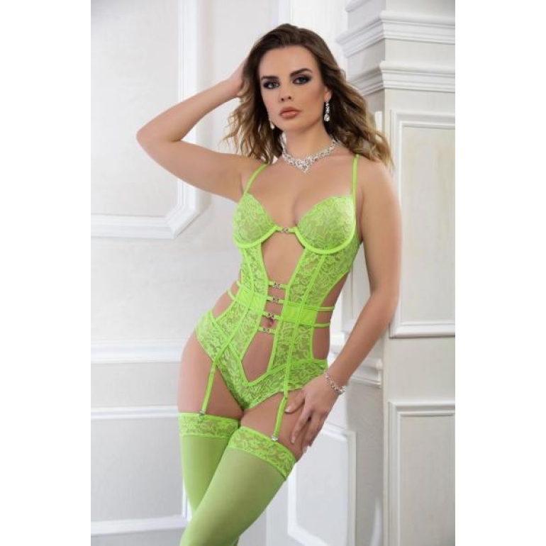 2pc Deep Plunge Strappy Teddy & Stockings Neon Kiwi