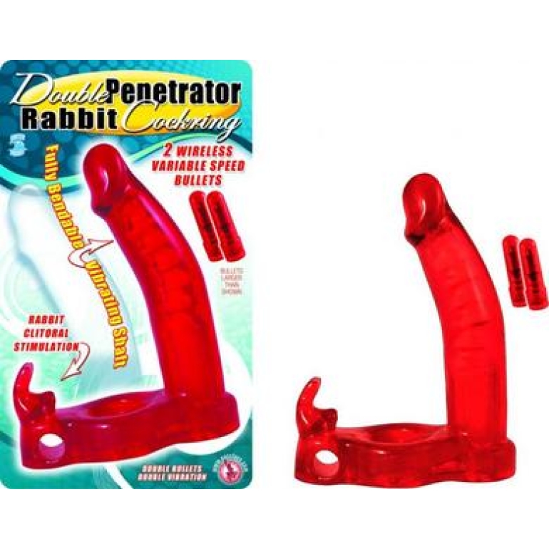 Double Penetrator Rabbit Penisring Vibrating Waterproof Red