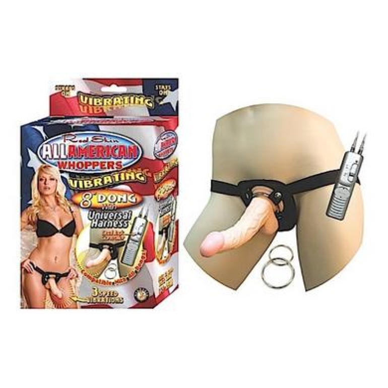 All American Whoppers 8 inches Vibrating Dong & Universal Harness Beige One Size Fits Most
