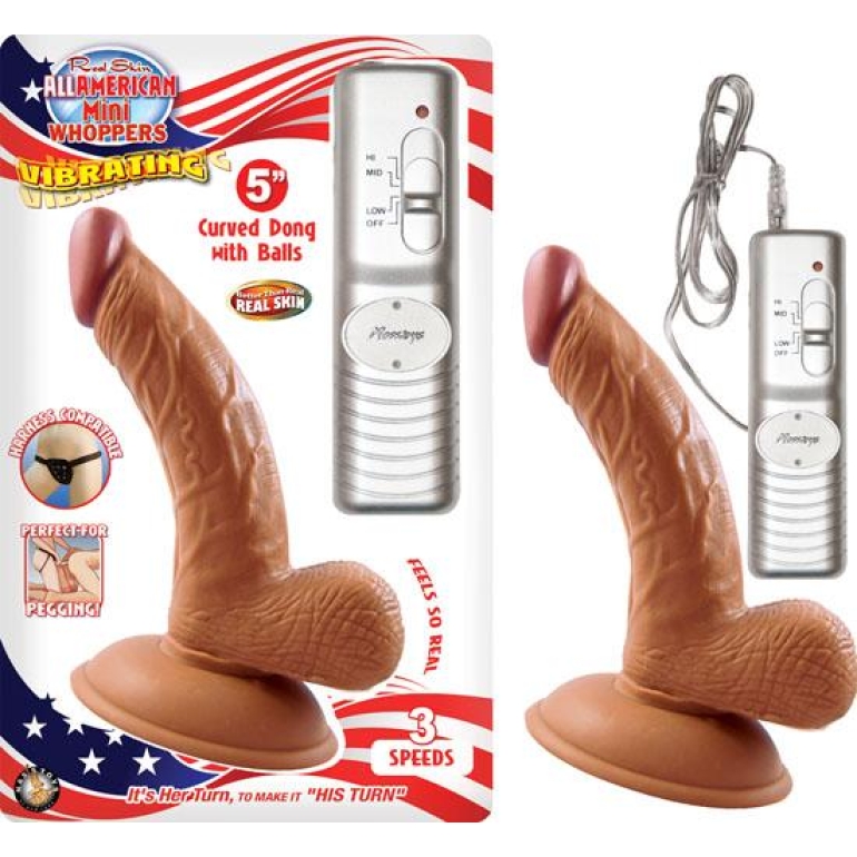 Latin American Mini Whopper 5 inches Curved Vibrating Dong, Ball Brown
