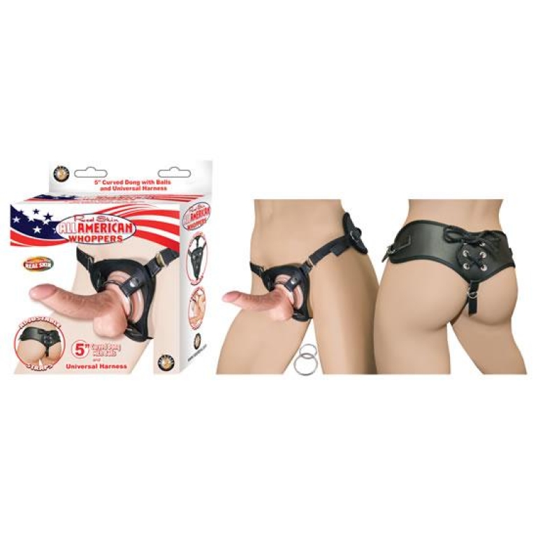 All American Whoppers 5 inches Curved Dong Balls Beige & Universal Harness