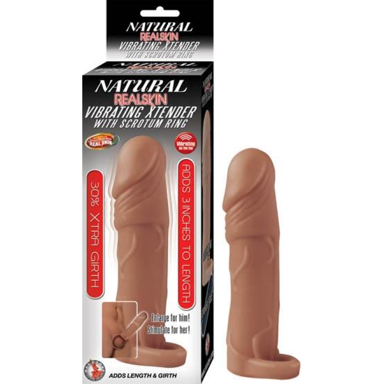 Natural Realskin Vibrating Xtender W/ Scrotum Ring Brown