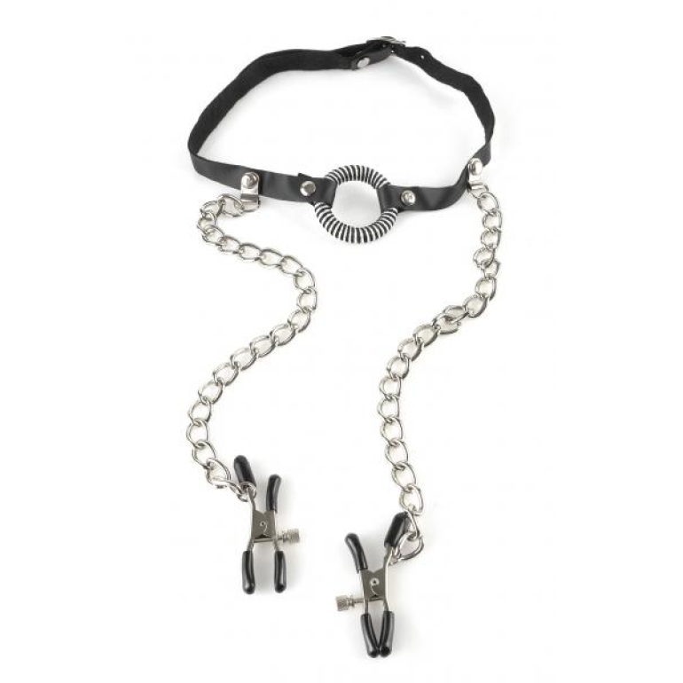 O-Ring Gag with Nipple Clamps Black