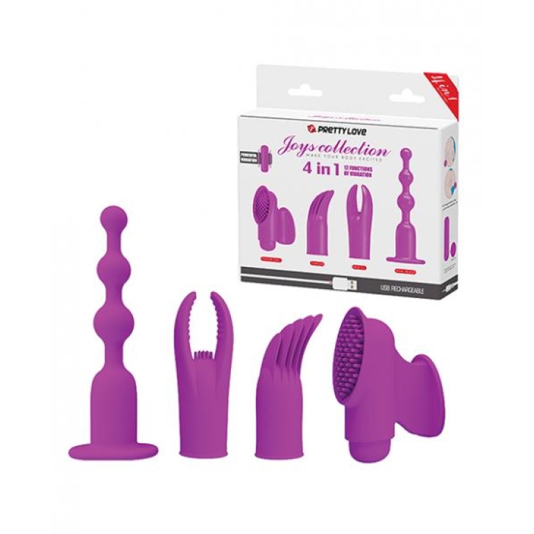 Pretty Love Joys 4 In 1 Kit Bullet Vibrator with Attachments Purple