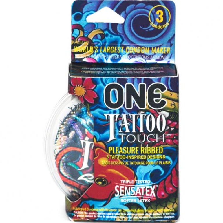 One Tattoo Touch Latex Condoms 3 Pack Multi-Color