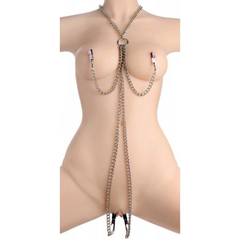 Chained Collar Nipple Clamps and Clitoris Clamps Silver