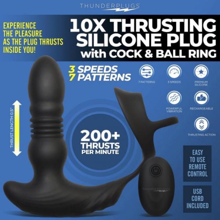 Thunderplugs 10x Thrusting Plug W/ Penis & Ball Ring Black