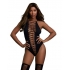 Cross Open Front Teddy and Matching Stockings - Black O/S