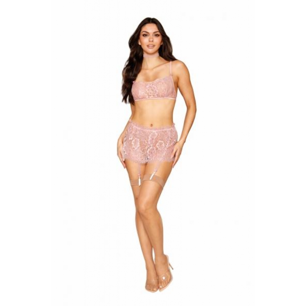 Eyelash Lace Bralette Garter Skirt Set - Rose Quartz