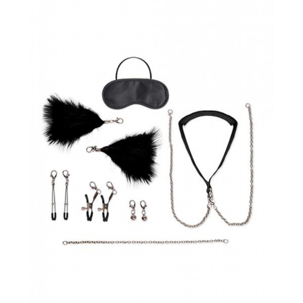 Lux Fetish 12 Pc Collar & Nipple Clips Set Black