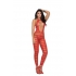 Opaque Net Striped Bodystocking - Open Crotch - Red - O/S