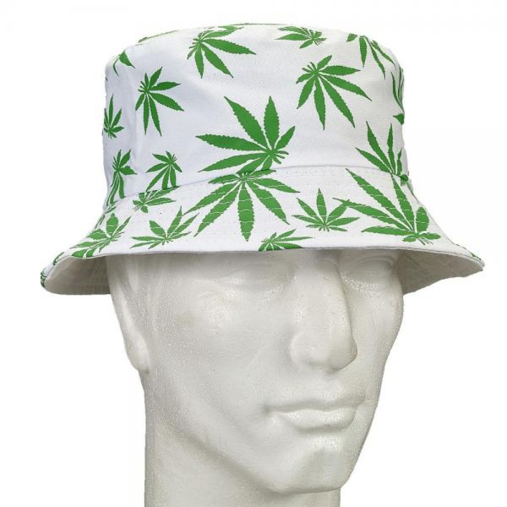 Trendy White Bucket Hat with Green Leaves