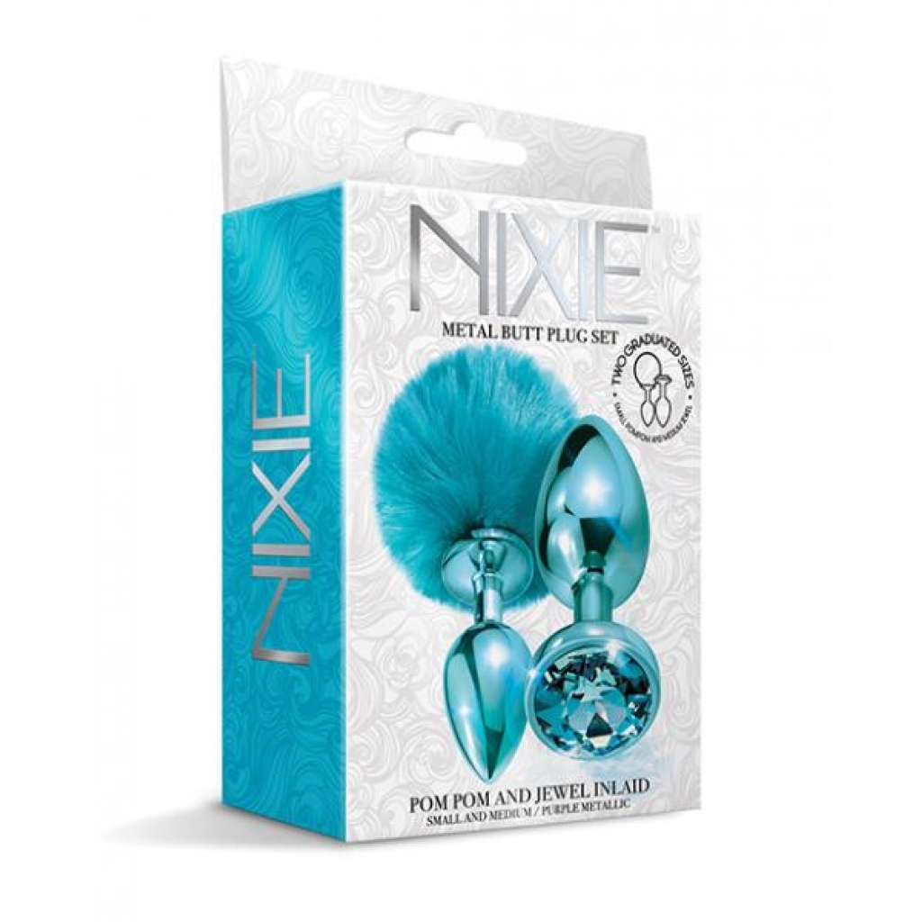 Nixie Metal Butt Plug Set - Pom Pom & Jewel Blue Metallic