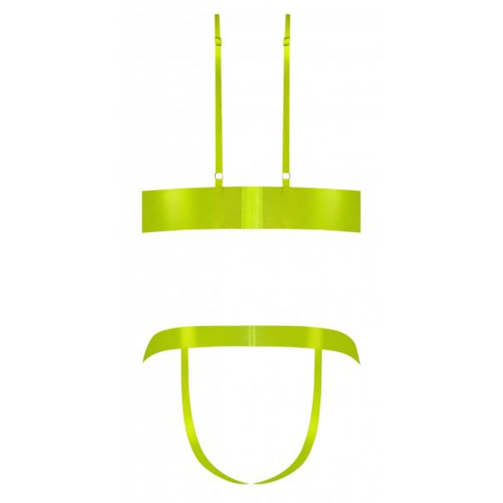 Strap Tease Bra & Crotchless Panty - Neon Yellow - 2XL