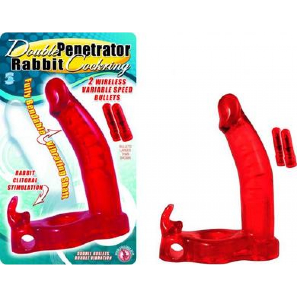 Double Penetrator Rabbit Cockring - Vibrating Waterproof Red