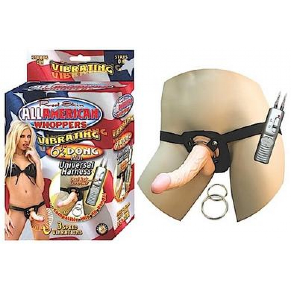 All American Whoppers 6.5in Vibrating Dong with Universal Harness – Beige