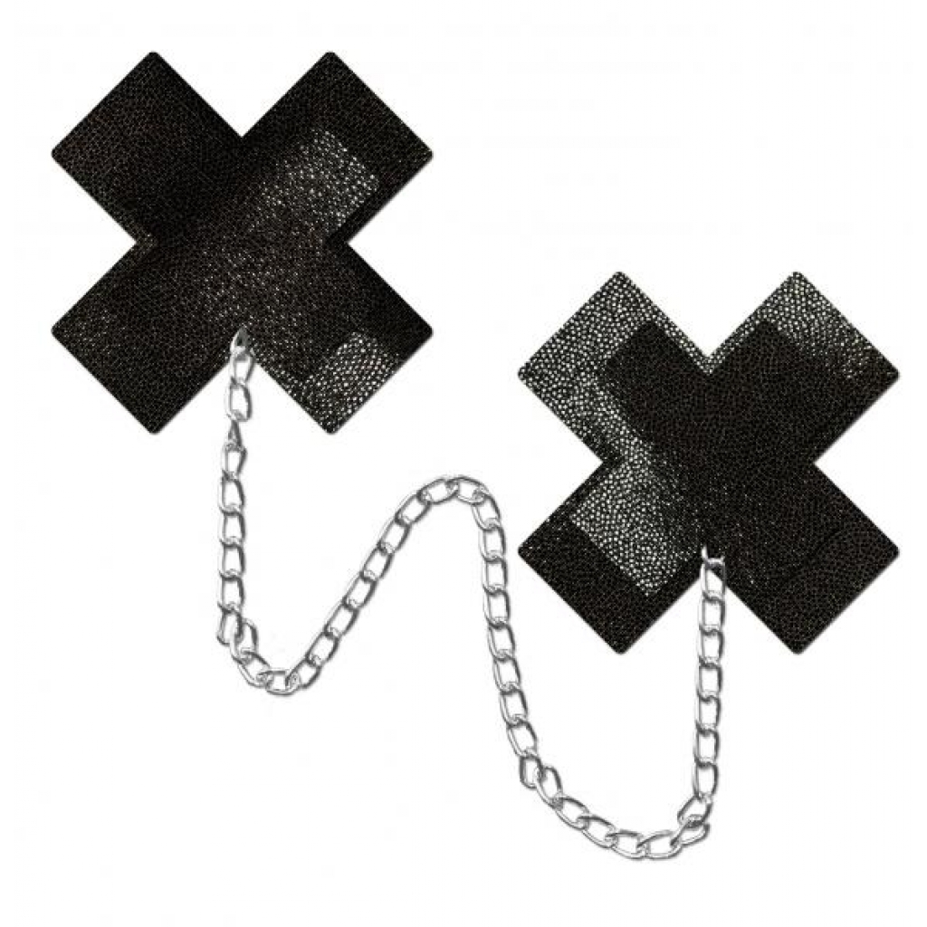 Pastease Chains Liquid Black X Cross with Chunky Silver Chain Nipple Pasties - Bold and Beautiful