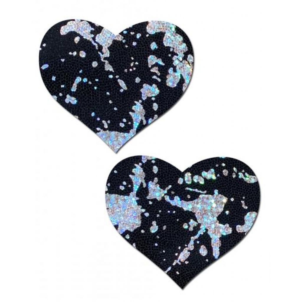 Pastease Splatter Holographic Heart Pasties - Black/Silver