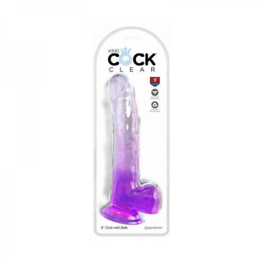 King Cock Clear 9-Inch Vibrating Dong with Balls - Purple Translucent