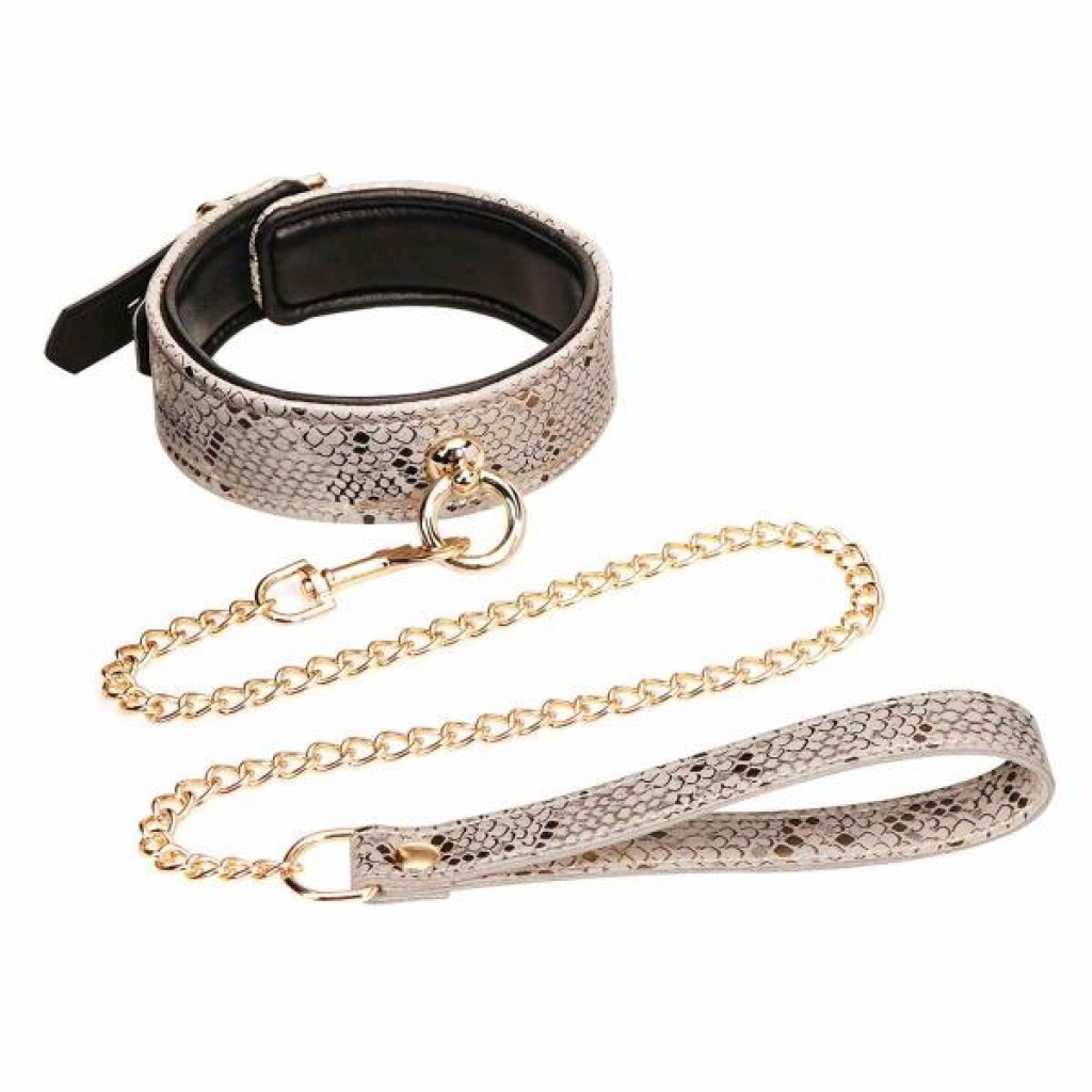 Microfiber Snake Print Collar & Leash - White with Leather Lining