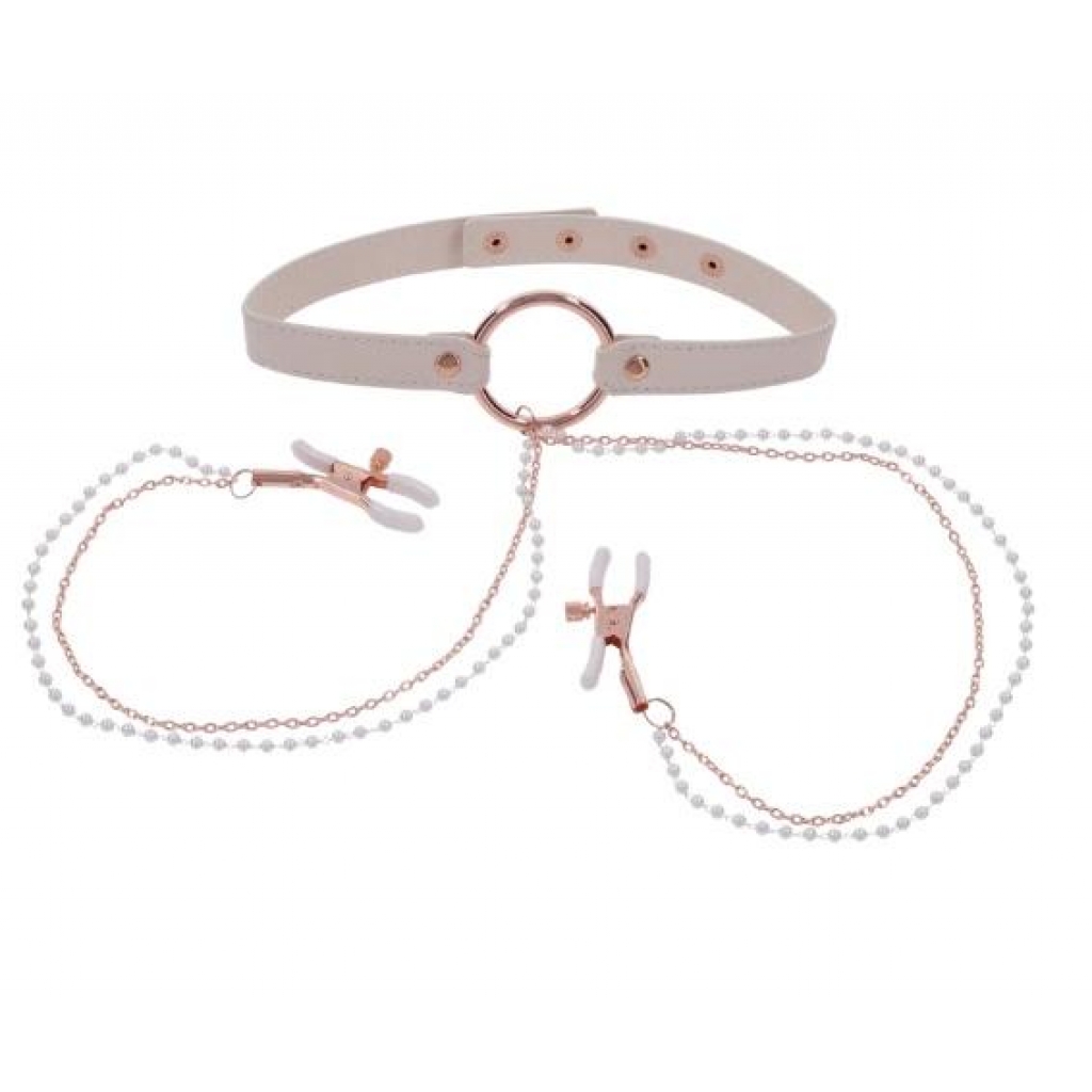 Peaches N Creame Collar W/ Nipple Clamps - Gold