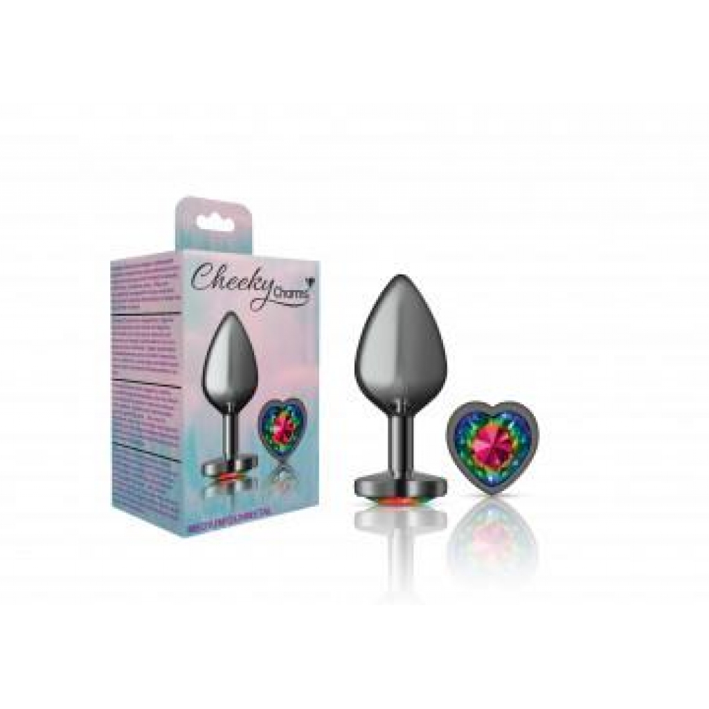 Cheeky Charms Heart Rainbow Medium Gunmetal Butt Plug Smoke - Elegant Anal Play