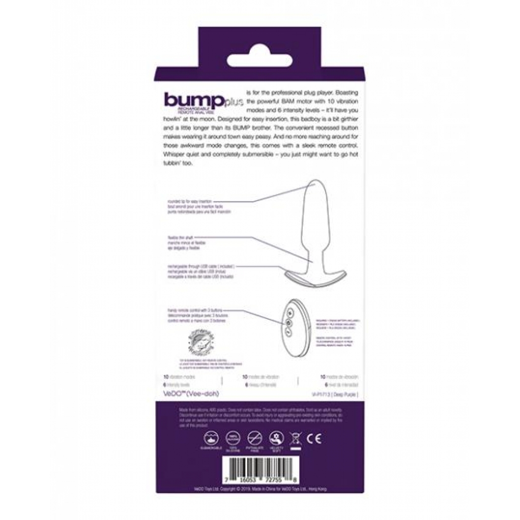 Vedo Bump Plus Rechargeable Remote Control Anal Vibrator - Deep Purple