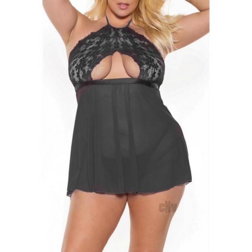 Scallop Lace Babydoll and Thong Set - Black XL