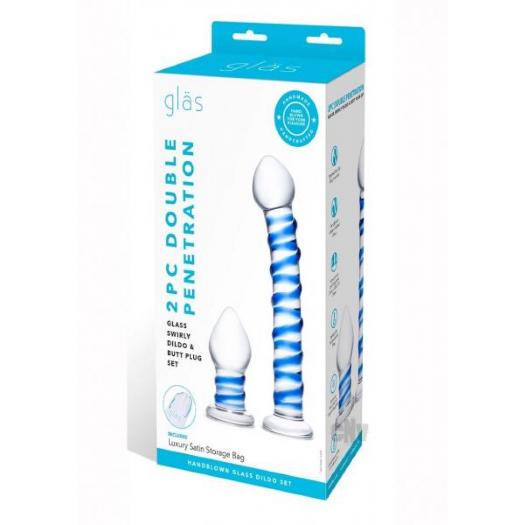 Swirly Dildo And Buttplug Set - Clear/Blue