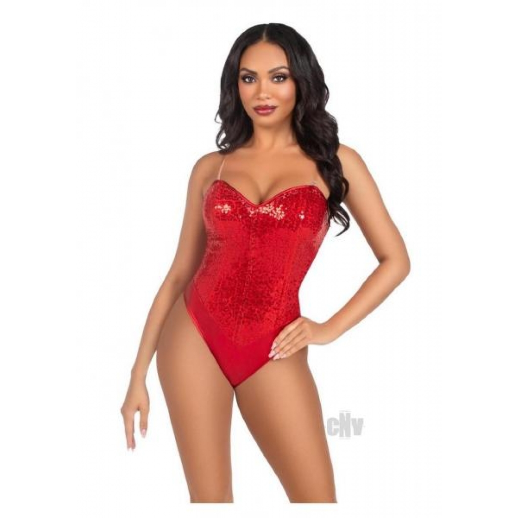 Sequin Bone Snap Bodysuit with Straps - Red