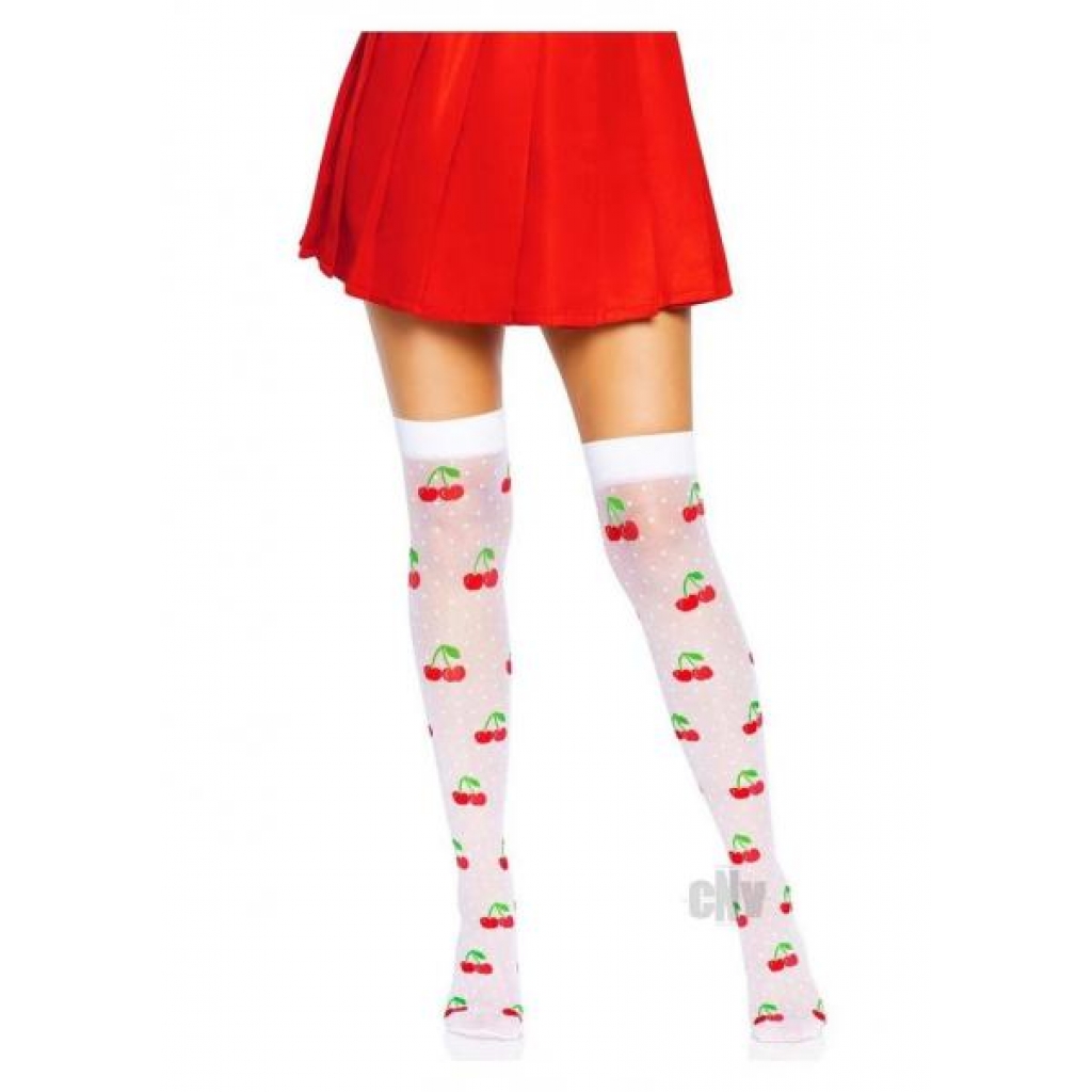 Spandex Dot Cherry Thigh Highs - White/Red