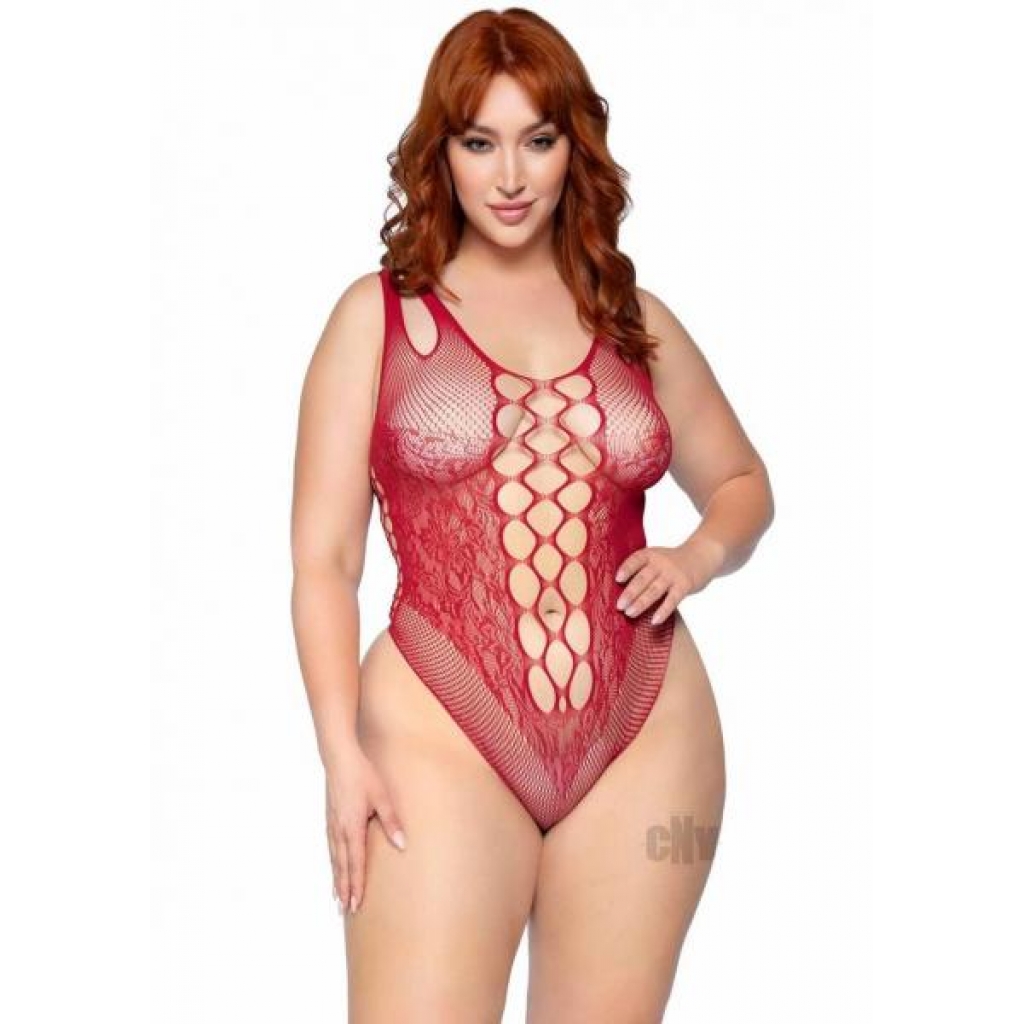 Seamless Bodysuit with Cut Bottom - 1x/2x Burgundy Red