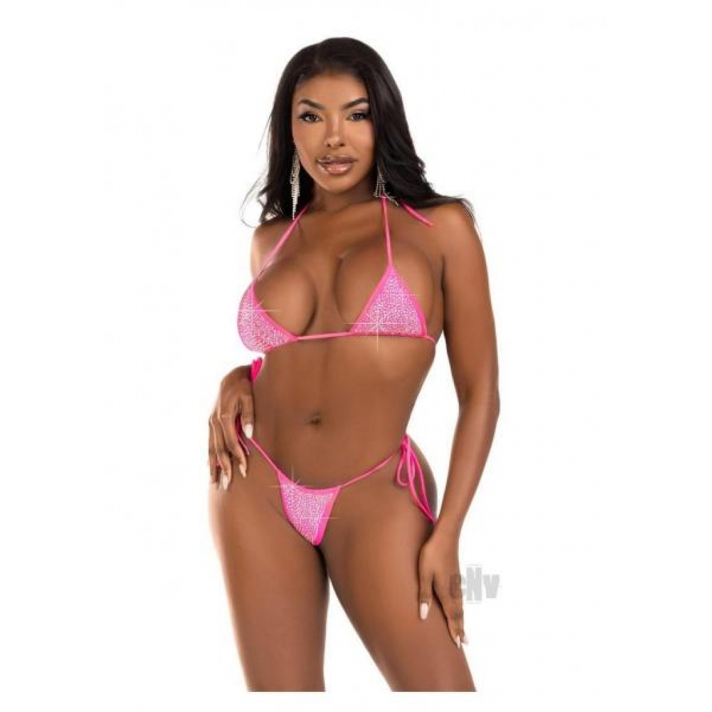 Rhinestone Embellished Neon Pink Bikini Set