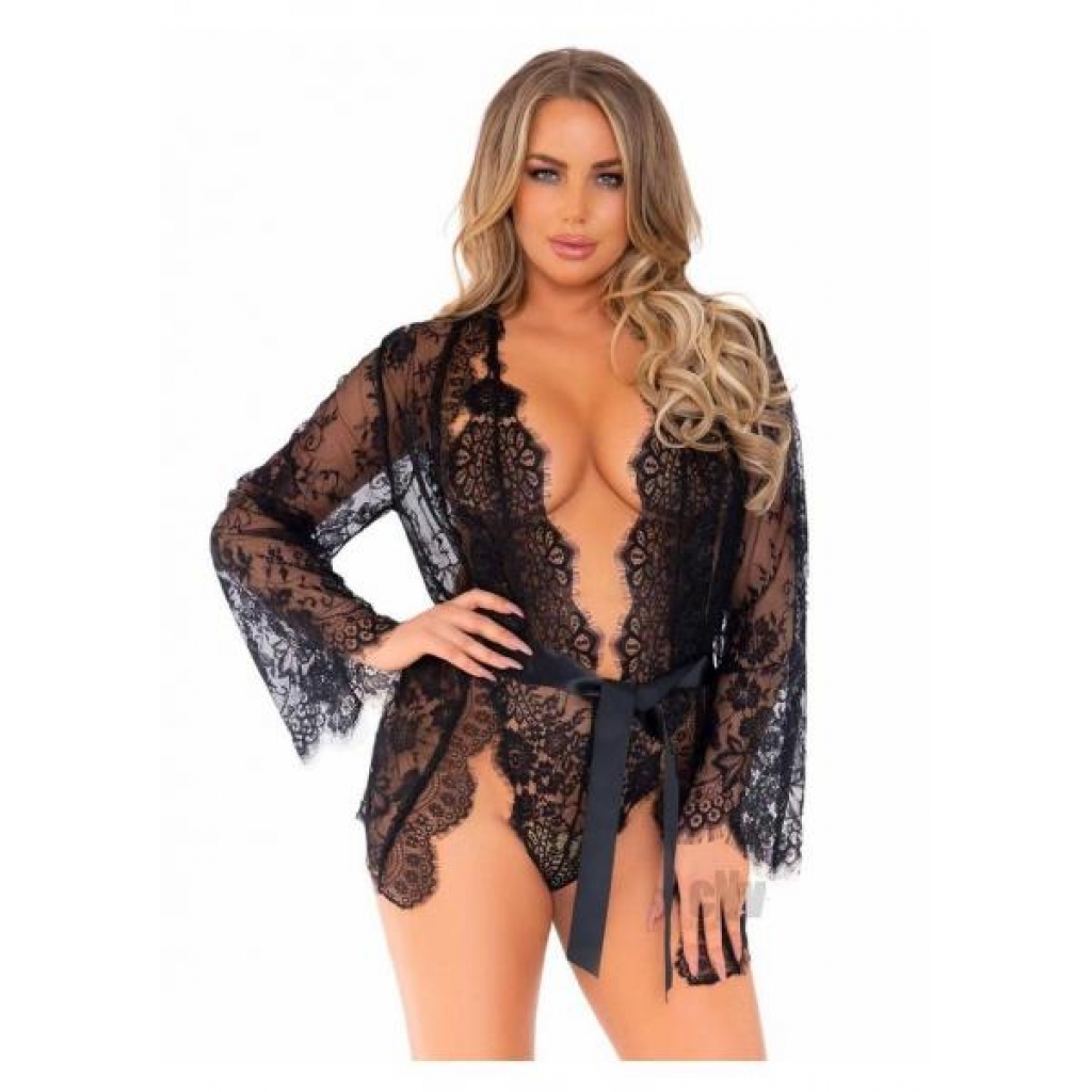 Floral Lace Teddy and Robe Set - Small Black