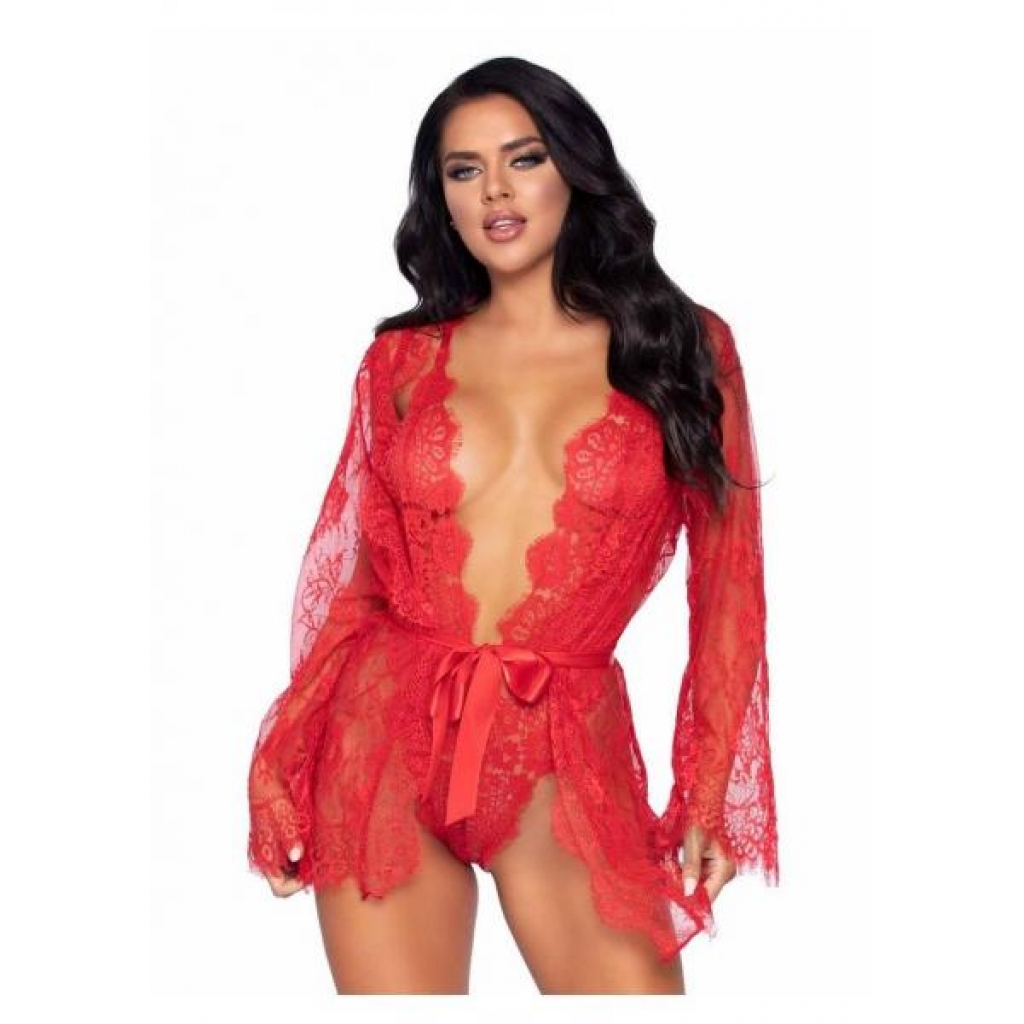 Floral Lace Teddy Thong Robe - Small Red