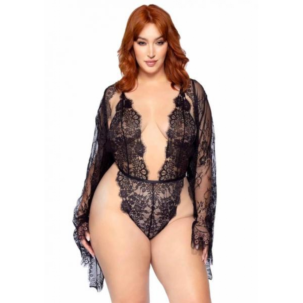 Floral Teddy Thong Robe 3pc - 1X/2X Black