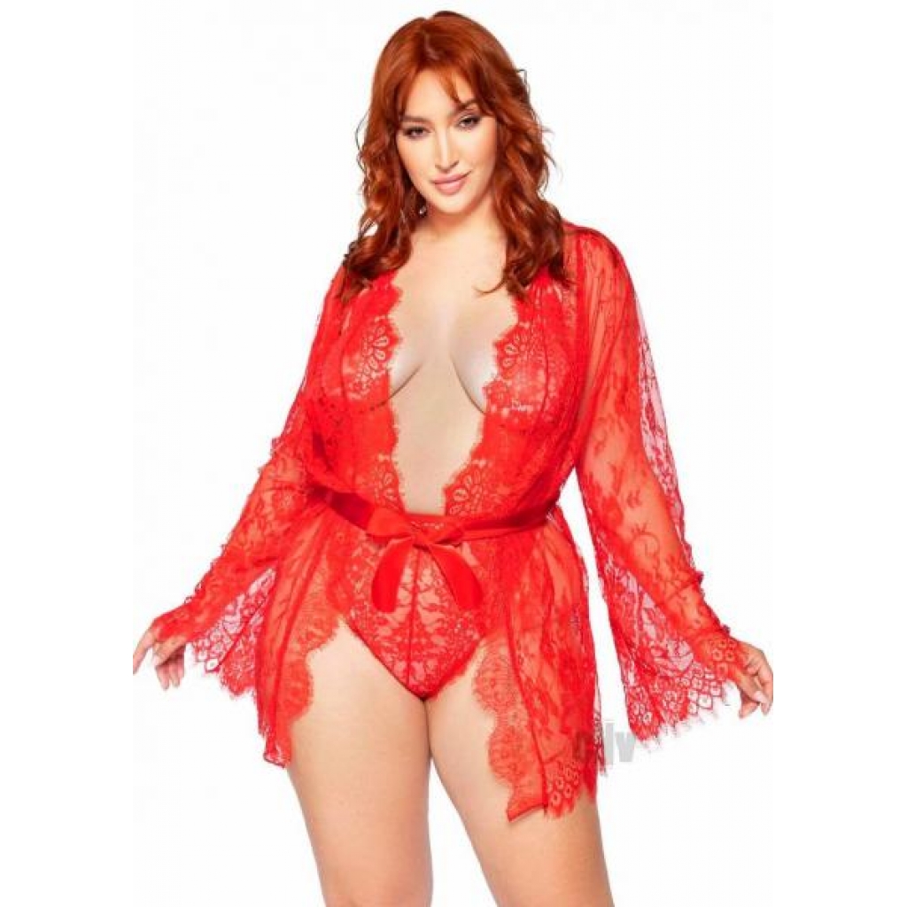 Floral Teddy Thong Robe - 3pc - Red