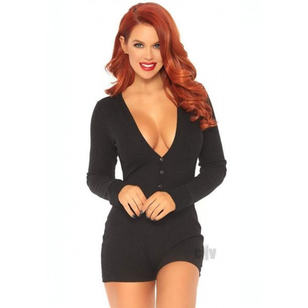 Rib Romper Long Johns - Snap Flap - XL - Black