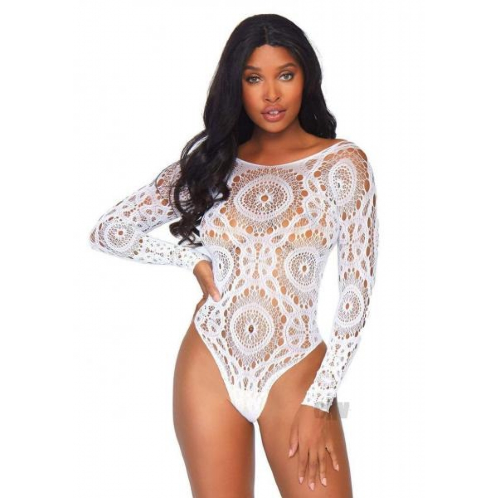 White Crochet Lace Crotch Thong Teddy - S/M