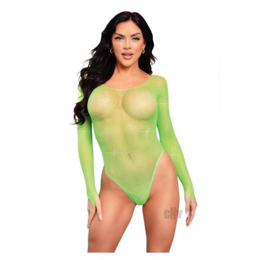 Crystal Long Sleeved Thong Suit - Neon Green