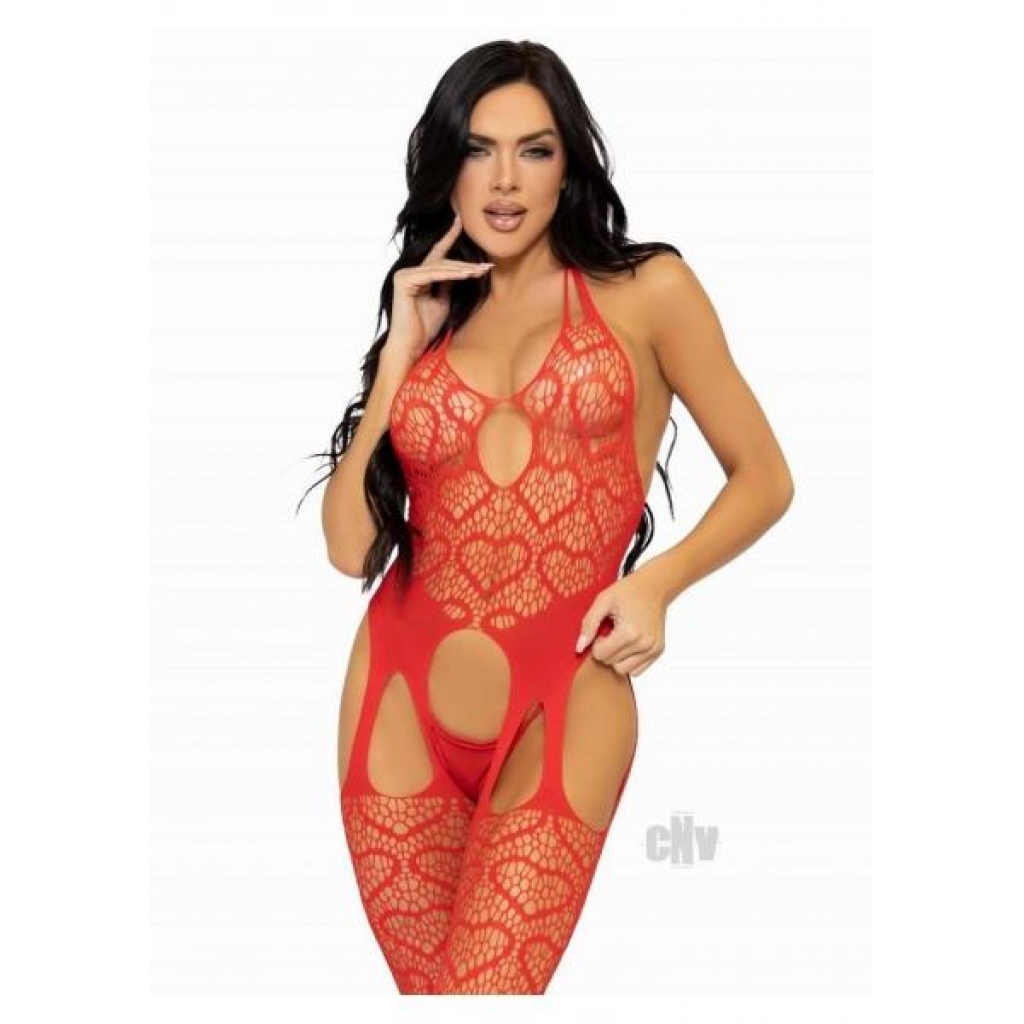 Seamless Heart Suspender Bodystocking - Red