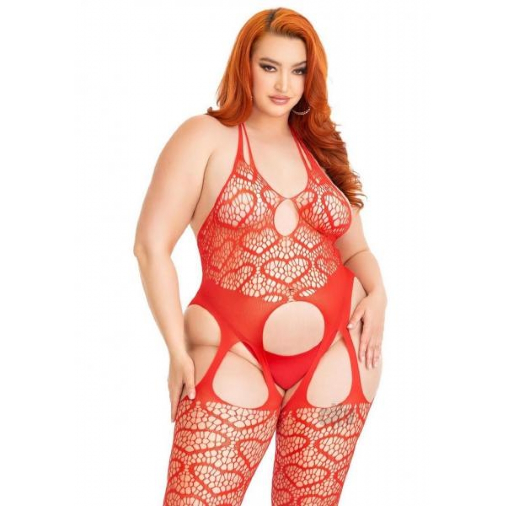 Seamless Heart Suspender Bodystocking - Red