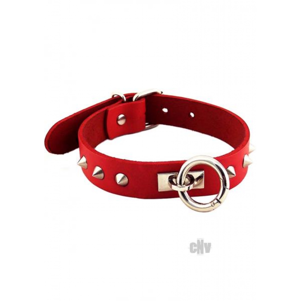 Rouge Leather O Ring Studded Collar - Red