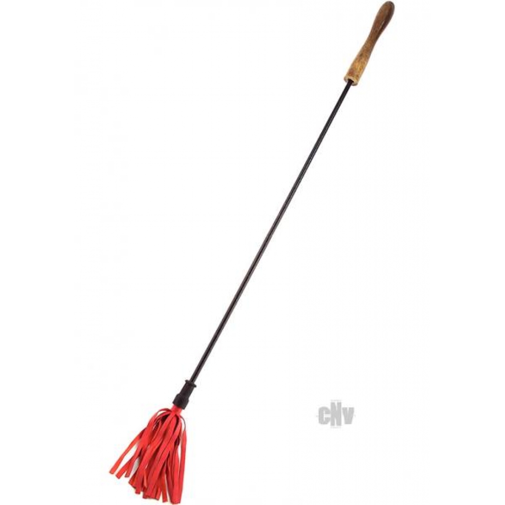 Feathered Leather Riding Crop with Wooden Handle - Red